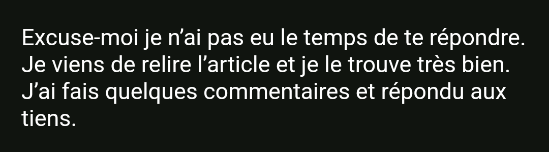témoignage pour la rédaction d'un article par Ludivine Darmon, copywriter seo freelance : "Je viens de relire l'article et je le trouve très bien. J'ai fais quelques commentaires et répondu aux tiens."